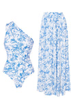 One Shoulder 2 Piece White Blue Flower Printed Swimsuit with Beach Dress