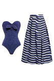 Sweetheart Navy Denim 2 Piece Swimsuit with Cover Up Skirt