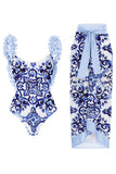 2 Piece Blue Ruffled Print Swimsuit with Cover Up