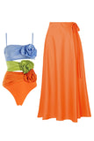2 Piece Spaghetti Straps Orange 3D Flowers Swimsuit with Cover Up