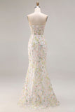 White Flower Mermaid Corset Strapless Long Prom Dress with Slit