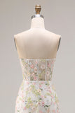 White Flower Mermaid Corset Strapless Long Prom Dress with Slit