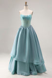 Turquoise Beaded Corset Straplesss A Line Long Satin Prom Dress