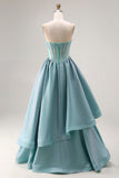Turquoise Beaded Corset Straplesss A Line Long Satin Prom Dress