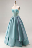 Turquoise Beaded Corset Straplesss A Line Long Satin Prom Dress