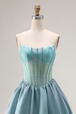 Turquoise Beaded Corset Straplesss A Line Long Satin Prom Dress