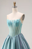 Turquoise Beaded Corset Straplesss A Line Long Satin Prom Dress