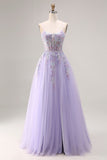 Lilac Appliqued Corset Tulle Spaghetti Straps A Line Long Prom Dress with Slit