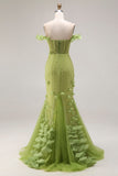 Beaded Green Mermaid Off the Shoulder Long Prom Dress with Ruffles