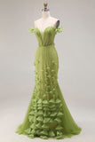 Beaded Green Mermaid Off the Shoulder Long Prom Dress with Ruffles