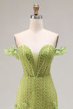 Beaded Green Mermaid Off the Shoulder Long Prom Dress with Ruffles