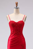 Red Satin Mermaid Embroidered Lace Up Back Long Prom Dress with Slit