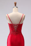 Red Satin Mermaid Embroidered Lace Up Back Long Prom Dress with Slit