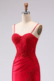 Red Satin Mermaid Embroidered Lace Up Back Long Prom Dress with Slit