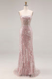 ZAPAKA Women Sparkly Light Pink Long Prom Dress Strapless Sheath Corset Evening Party Dress with Sequins