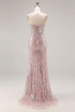 Sparkly Light Pink Strapless Sheath Long Prom Dress with Sequins
