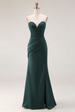 Dark Green Mermaid Strapless Appliqued Corset Ruched Prom Dress with Slit
