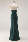 Dark Green Mermaid Strapless Appliqued Corset Ruched Prom Dress with Slit
