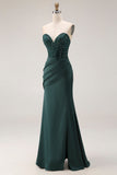 Dark Green Mermaid Strapless Appliqued Corset Ruched Prom Dress with Slit