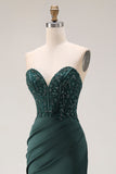 Dark Green Mermaid Strapless Appliqued Corset Ruched Prom Dress with Slit