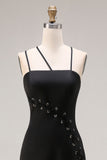 Black Sheath Satin Spaghetti Straps Long Formal Dress with Slit