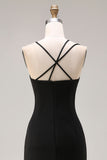 Black Sheath Satin Spaghetti Straps Long Formal Dress with Slit