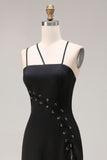 Black Sheath Satin Spaghetti Straps Long Formal Dress with Slit