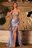 Mermaid Lilac Corset Beaded Strapless Long Prom Dress with Slit