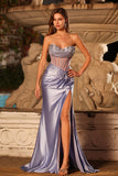 Mermaid Lilac Corset Beaded Strapless Long Prom Dress with Slit