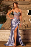 Mermaid Lilac Corset Beaded Strapless Long Prom Dress with Slit