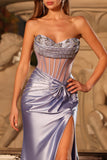 Mermaid Lilac Corset Beaded Strapless Long Prom Dress with Slit