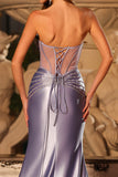 Mermaid Lilac Corset Beaded Strapless Long Prom Dress with Slit