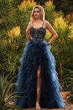 Navy Spaghetti Straps A Line Tiered Long Tulle Prom Dress with Slit