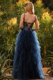 Navy Spaghetti Straps A Line Tiered Long Tulle Prom Dress with Slit