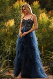 Navy Spaghetti Straps A Line Tiered Long Tulle Prom Dress with Slit