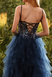 Navy Spaghetti Straps A Line Tiered Long Tulle Prom Dress with Slit