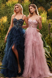Pink A-Line Appliqued Tulle Spaghetti Straps Long Prom Dress with Ruffles
