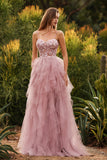 Pink A-Line Appliqued Tulle Spaghetti Straps Long Prom Dress with Ruffles
