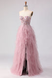 Pink Strapless A-Line Beaded Ruffled Long Prom Dress with Slit