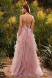 Pink A-Line Appliqued Tulle Spaghetti Straps Long Prom Dress with Ruffles