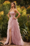 Pink A-Line Appliqued Tulle Spaghetti Straps Long Prom Dress with Ruffles