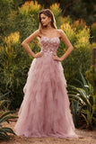Pink A-Line Appliqued Tulle Spaghetti Straps Long Prom Dress with Ruffles