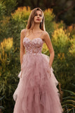 Pink A-Line Appliqued Tulle Spaghetti Straps Long Prom Dress with Ruffles