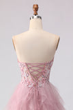 Pink Strapless A-Line Beaded Ruffled Long Prom Dress with Slit