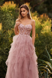 Pink A-Line Appliqued Tulle Spaghetti Straps Long Prom Dress with Ruffles
