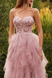 Pink A-Line Appliqued Tulle Spaghetti Straps Long Prom Dress with Ruffles