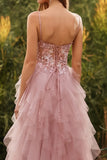 Pink A-Line Appliqued Tulle Spaghetti Straps Long Prom Dress with Ruffles