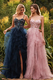 Pink A-Line Appliqued Tulle Spaghetti Straps Long Prom Dress with Ruffles