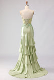 Light Green Mermaid Beaded Corset Ruffle Long Prom Dress with Lace Up Back