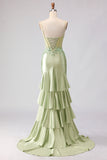 Light Green Mermaid Beaded Corset Ruffle Long Prom Dress with Lace Up Back